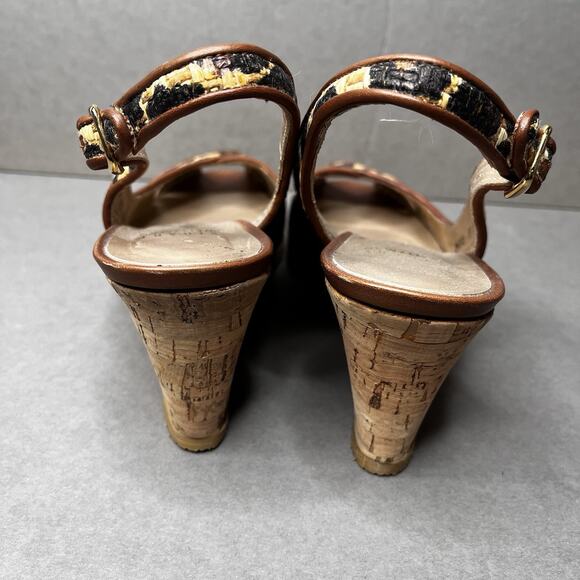 STUART WEITZMAN Leopard Wedges Women Sz 8.5N Sling Back Tan Black Peep Toe Heels - Picture 5 of 9